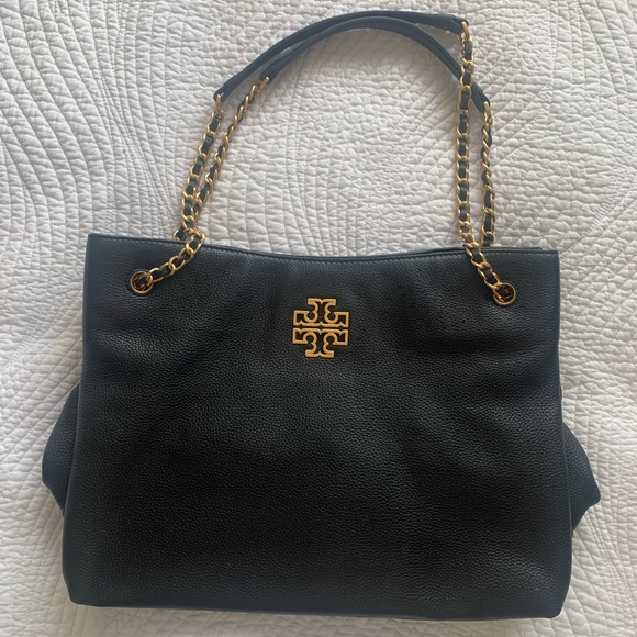 TORY BURCH Britten Pebbled Leather Slouchy Tote Handbag. Black - Picture 12 of 14
